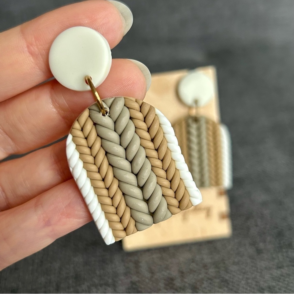 Fun, Cable Knit Sweater Pattern Clay Drop Dangle Earrings, White, Tan - Picture 4 of 16